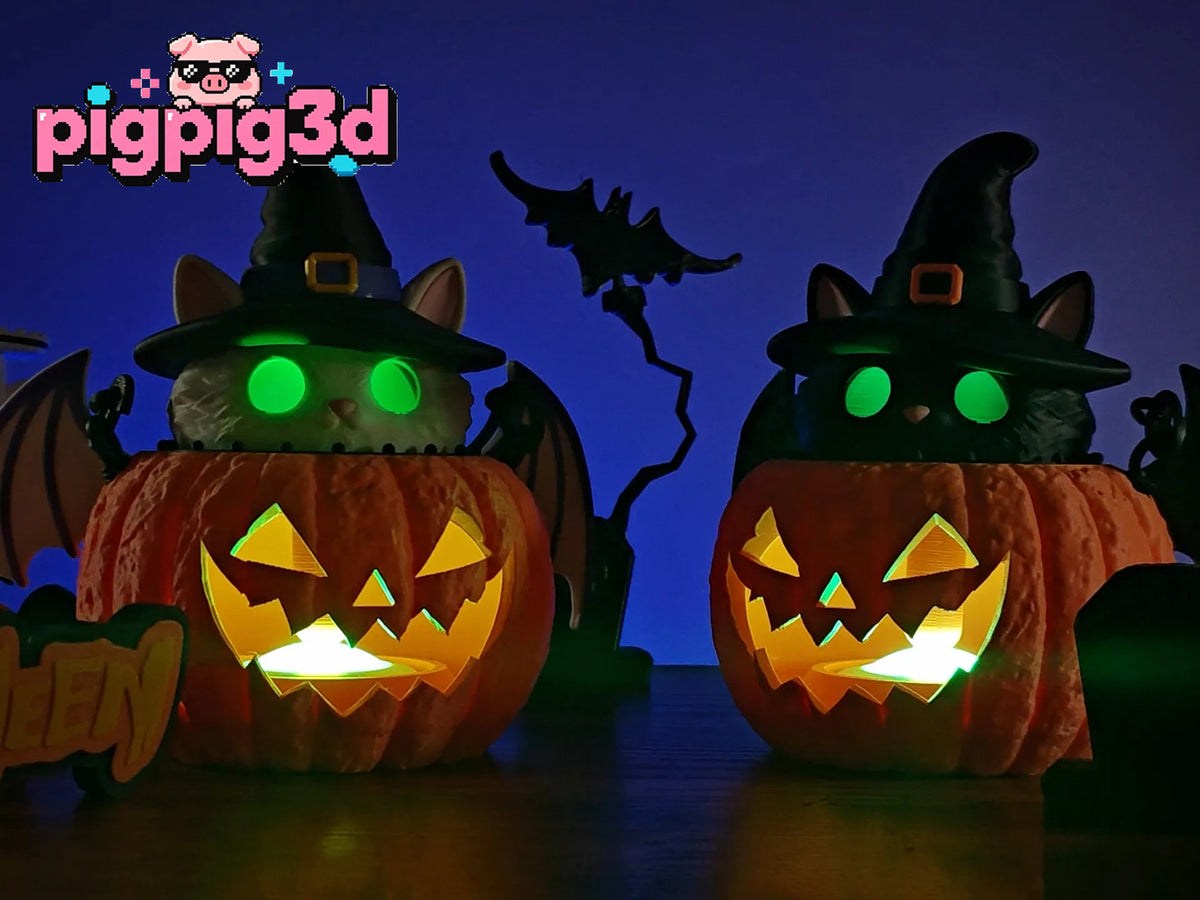 Halloween Magic Cat Pumpkin Lantern, Witch Cat Pumpkin Night Light, 3D Printed Desktop Ornament, Holiday Party Decor, Halloween Gift