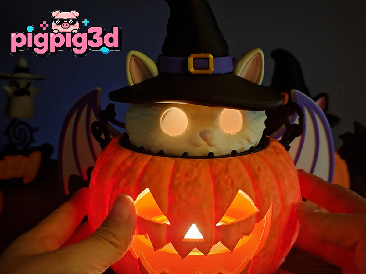 Halloween Magic Cat Pumpkin Lantern, Witch Cat Pumpkin Night Light, 3D Printed Desktop Ornament, Holiday Party Decor, Halloween Gift