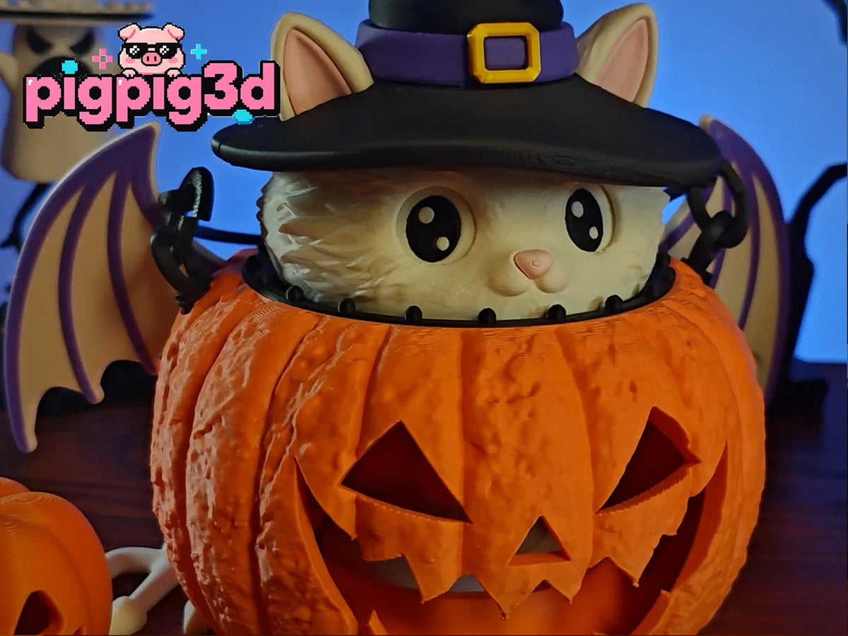 Halloween Magic Cat Pumpkin Lantern, Witch Cat Pumpkin Night Light, 3D Printed Desktop Ornament, Holiday Party Decor, Halloween Gift