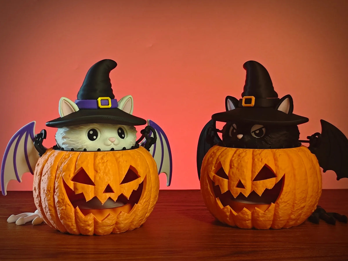 Halloween Magic Cat Pumpkin Lantern, Witch Cat Pumpkin Night Light, 3D Printed Desktop Ornament, Holiday Party Decor, Halloween Gift