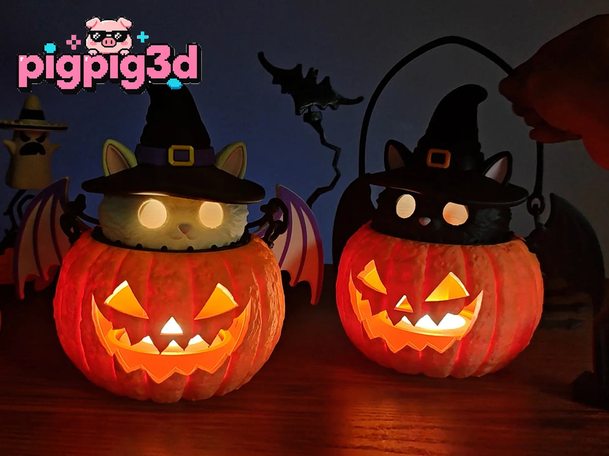 Halloween Magic Cat Pumpkin Lantern, Witch Cat Pumpkin Night Light, 3D Printed Desktop Ornament, Holiday Party Decor, Halloween Gift