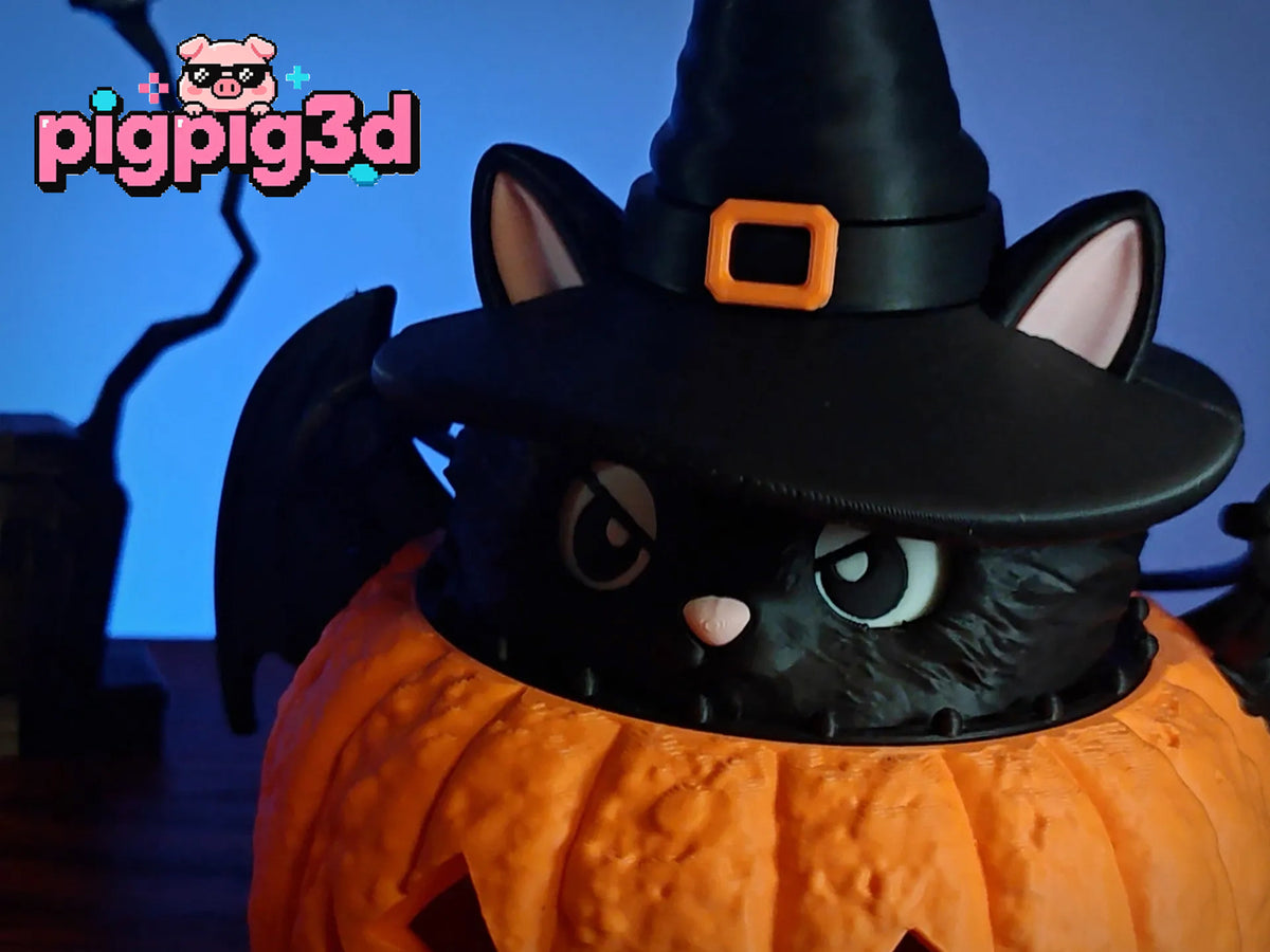 Halloween Magic Cat Pumpkin Lantern, Witch Cat Pumpkin Night Light, 3D Printed Desktop Ornament, Holiday Party Decor, Halloween Gift